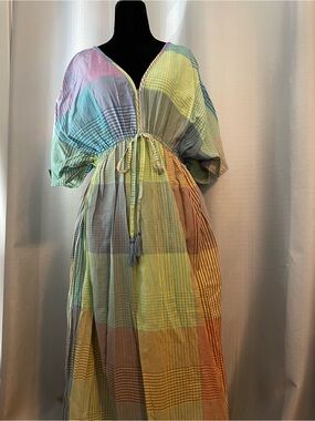 World Market Madras Plaid Cotton Maxi Kaftan Dress size s/m NWT